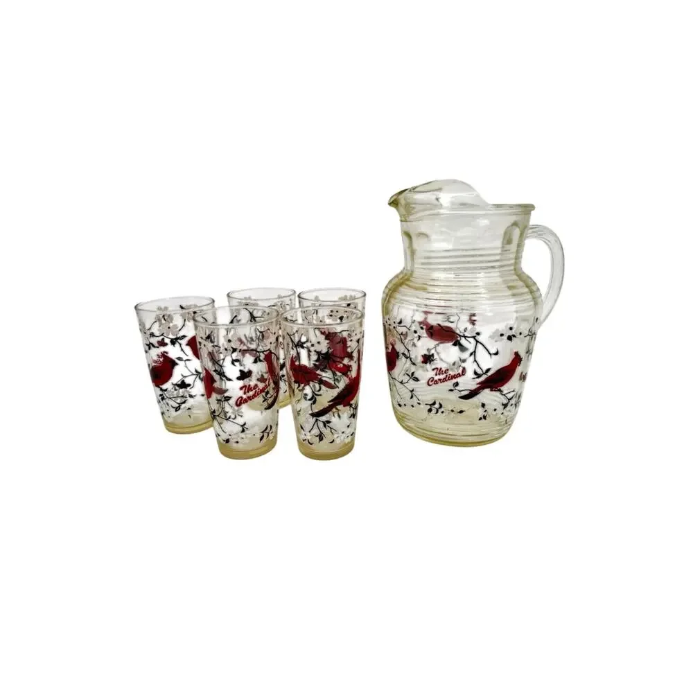 Vintage Hazel Atlas Pitcher Set Cardinal and Dogwood Pitcher and 5 Glasses